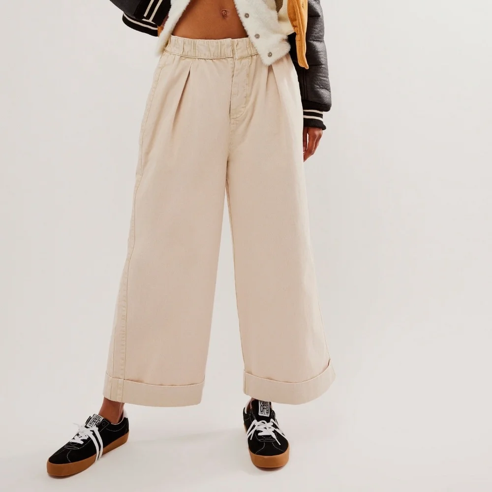 Free People After Love Cream White Mid Rise Slouchy Wide Leg Cuff Trouser Pants